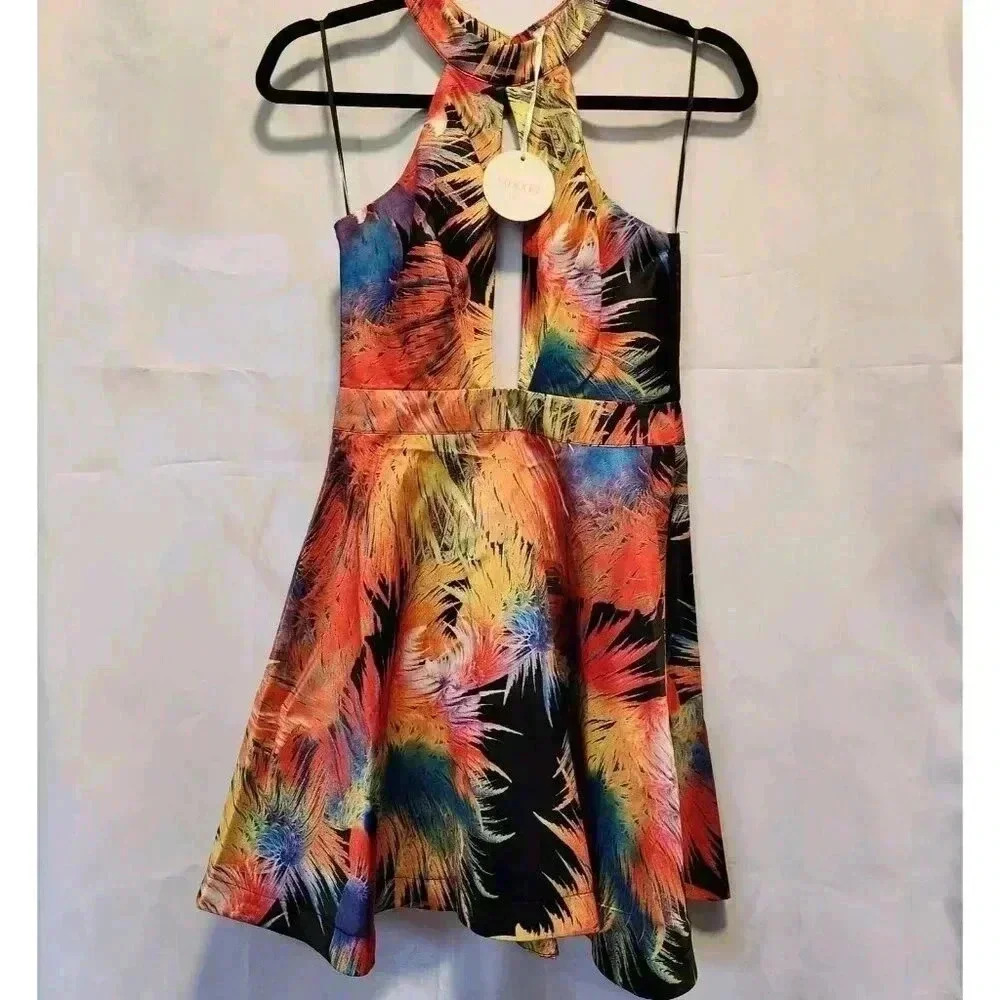 NWT Luxxel Mini Fit & Flare‎ Halter Top Dress Women's S Multicolor Sheer Back